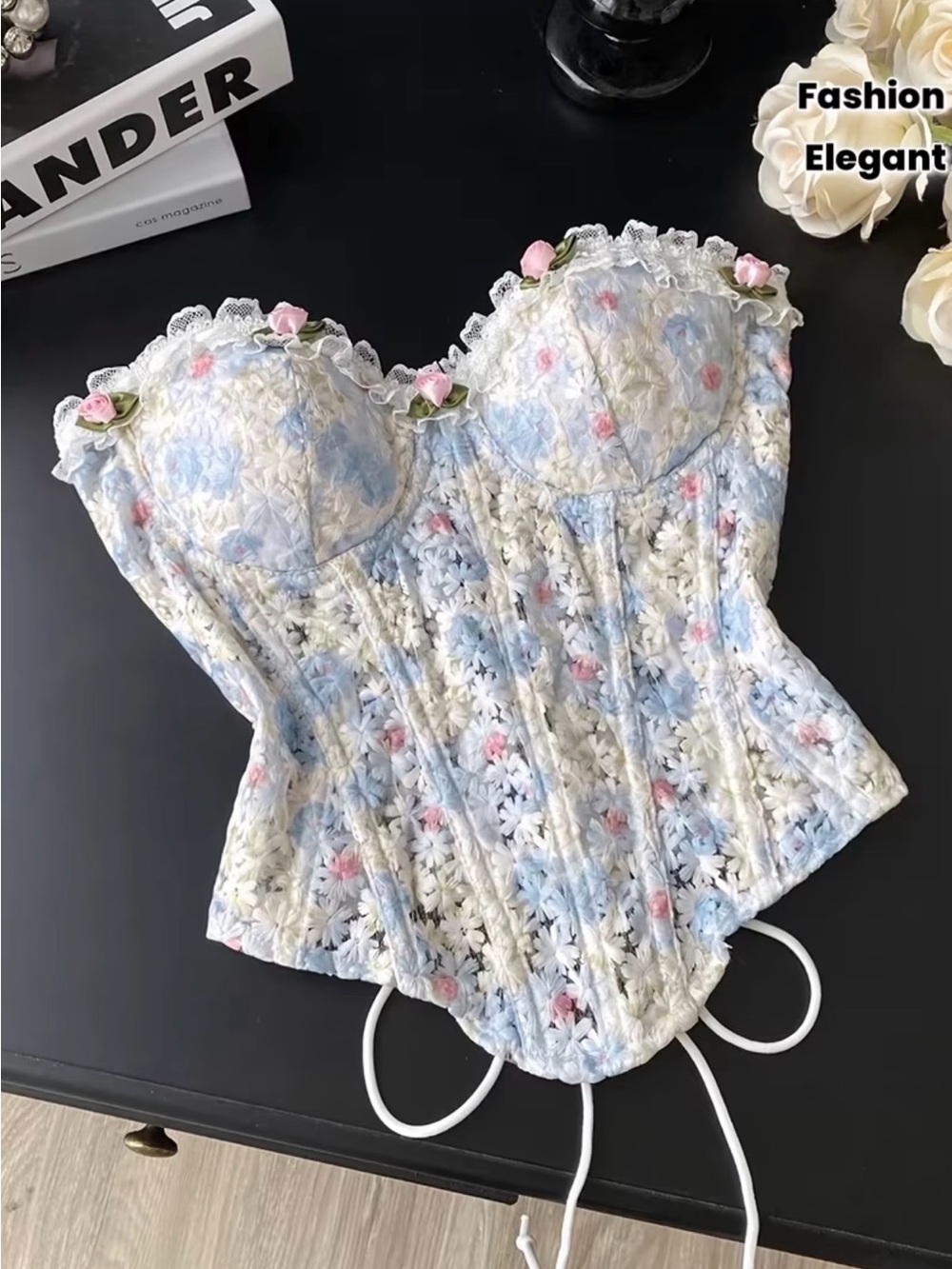 Coquette Floral Lace Bustier Corset Top - Pastel Blue & Pink New Boutique